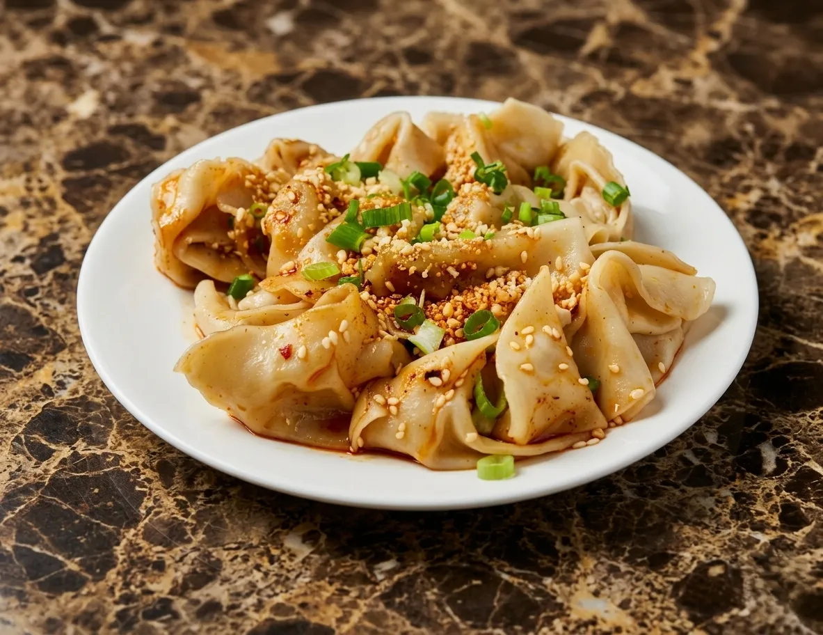 Meat Dumplings in Spicy Sauce — handmade dumplings at Dancing Noodle Winnipeg