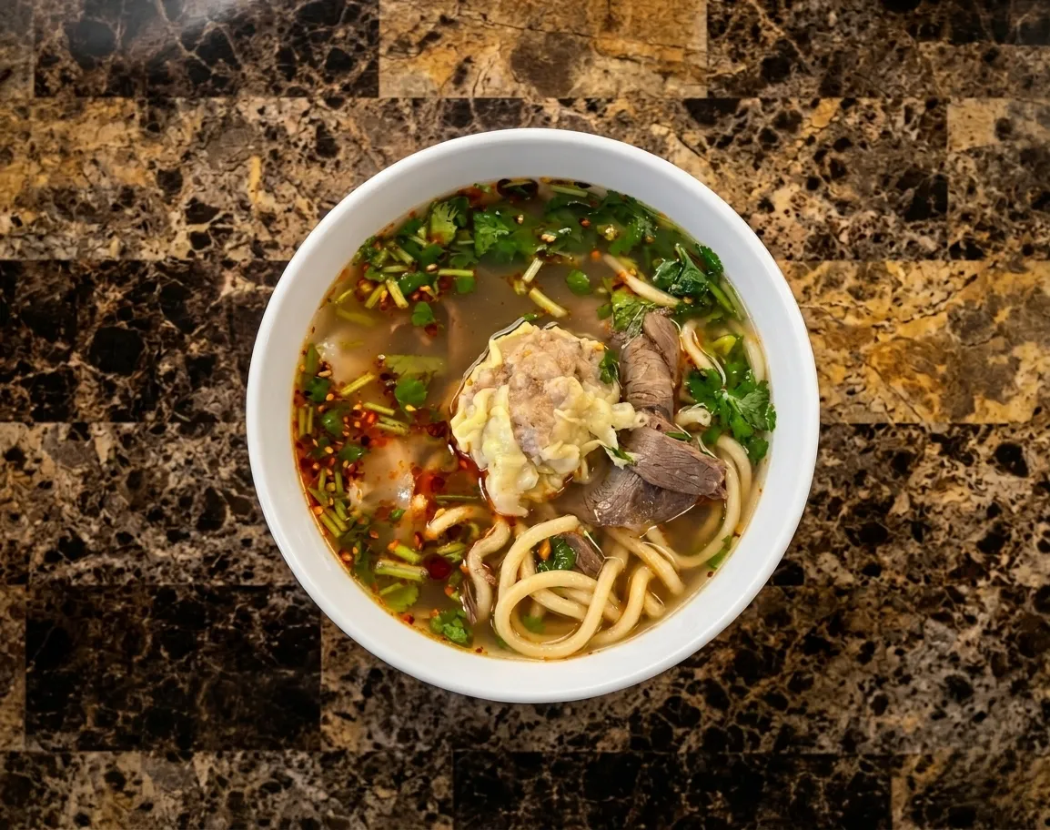 Deluxe Lanzhou Beef Noodle Soup — premium hand-pulled noodle bowl at Dancing Noodle Winnipeg
